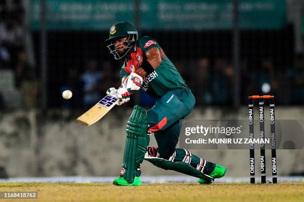 Bangladesh's Sabbir Rahman plays a shot during the third match between Afghanistan and Bangladesh in the T20 Tri-nations cricket series at the...