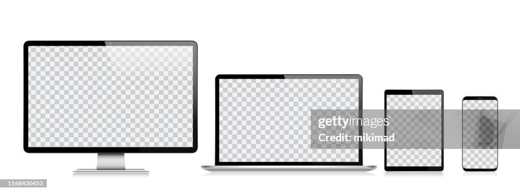 Tableta digital vectorial realista, teléfono móvil, teléfono inteligente, ordenador portátil y monitor de ordenador. Dispositivos digitales modernos