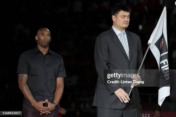 Legends Yao Ming, president of Chinese Basketball Association and Kobe Bryant take part in a ceremony during the FIBA World Cup 2019 final match...