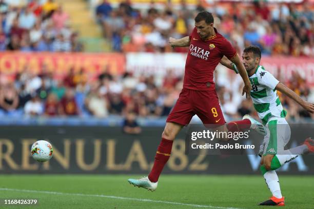 Edin Dzeko of AS Roma scores the team's second goal during the Serie A match between AS Roma and US Sassuolo at Stadio Olimpico on September 15, 2019...