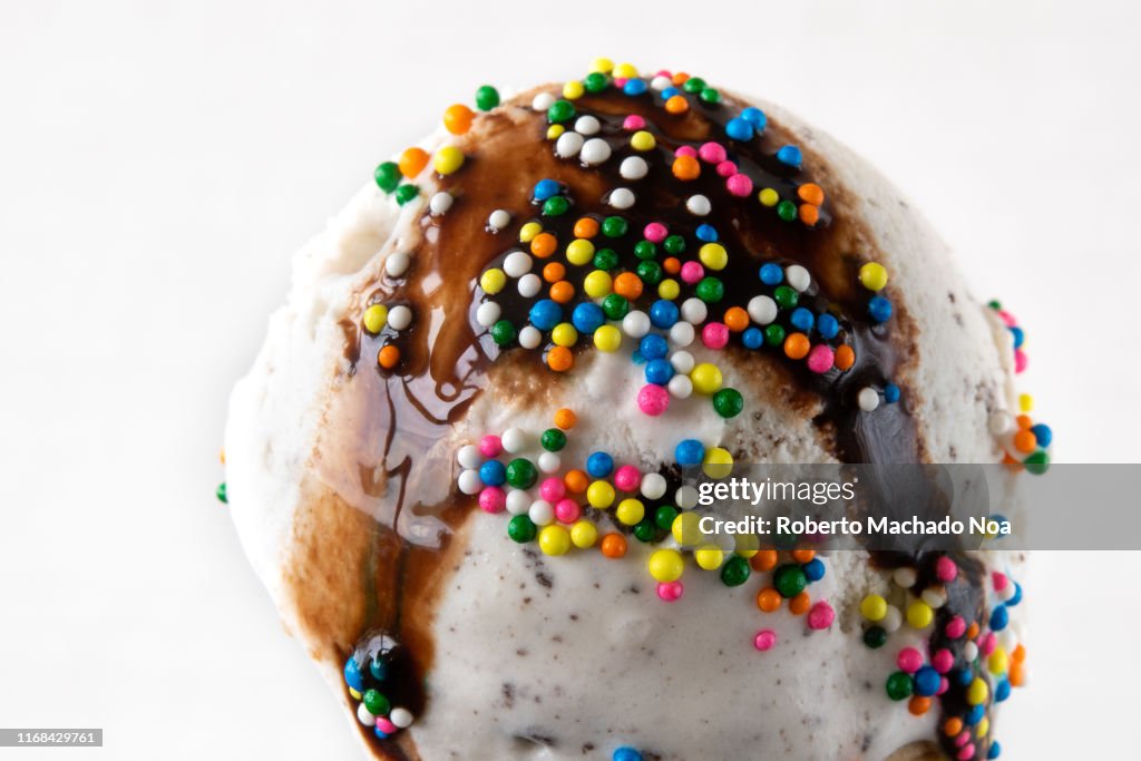 Chocolate chip cookie dough ice cream over white backgroun