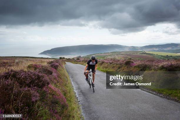 caucasian male road cyclist climbing uphill on country road crossing moorland. - wielrennen stockfoto's en -beelden