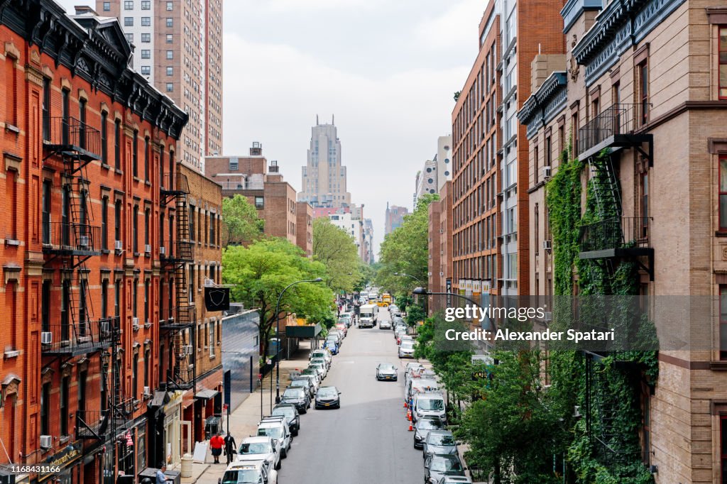 Elevated view of street in Chelsea district, New York City, USA