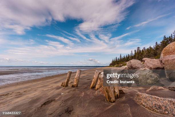 a look at the beach of pointe aux outardes, meaning bustard bay, situated in côte-nord manicouagan peninsula. - north cove stock pictures, royalty-free photos & images