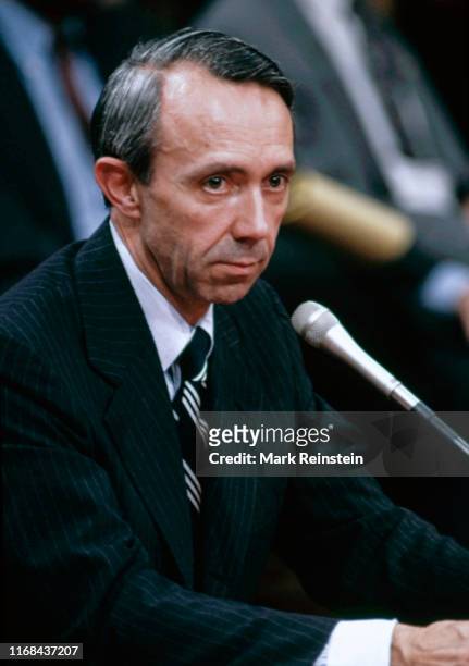 Justice David Souter listens to questions from members of the Senate Judiciary committee on the second day of his confirmation hearings, Washington...