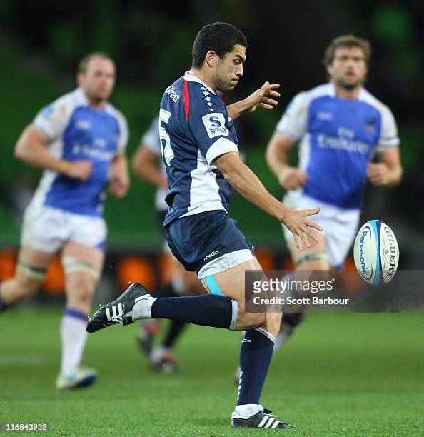 Mark Gerrard of the Rebels runs with the ball during the round 18 Super Rugby match between the Rebels and the Force at AAMI Park on June 17, 2011 in...