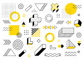 Geometric background. Universal trend halftone geometric shapes set juxtaposed with yellow elements composition. Modern vector illustration