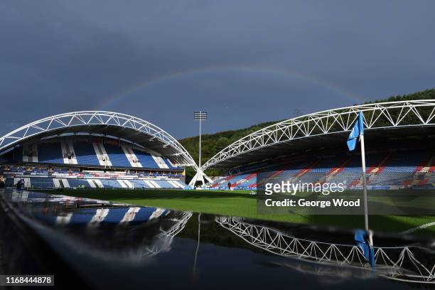 General view as a rainbow appears behind the stadium prior to the Sky Bet Championship match between Huddersfield Town and Fulham at John Smith's...