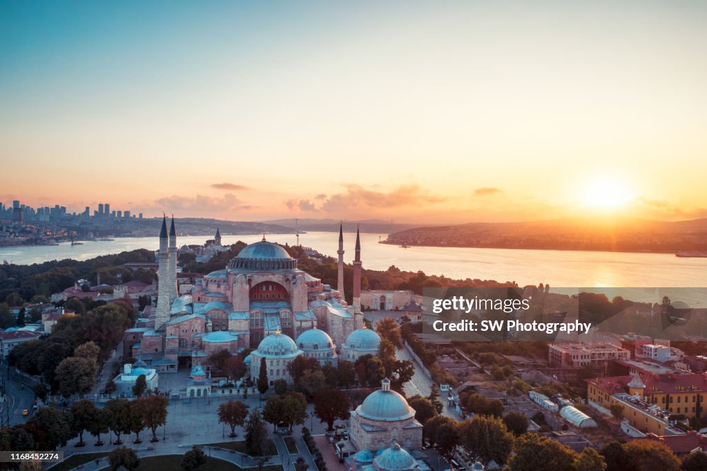 Sunrise drone photo of Hagia Sophia in Istanbul