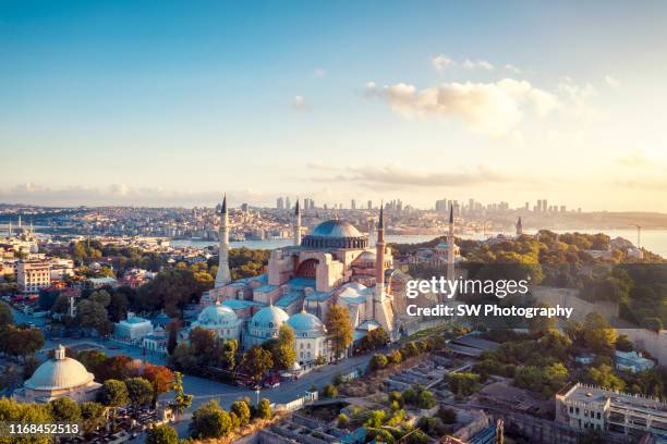 sunrise drone photo of hagia sophia in istanbul - istanbul province stock pictures, royalty-free photos & images