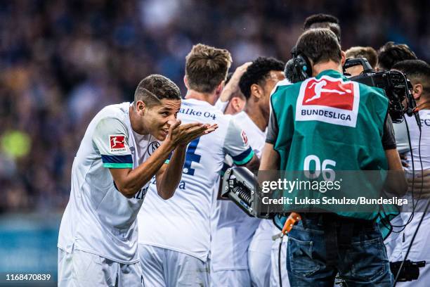 Amine Harit of Schalke celebrates his team's third goal during the Bundesliga match between SC Paderborn 07 and FC Schalke 04 at Benteler Arena on...