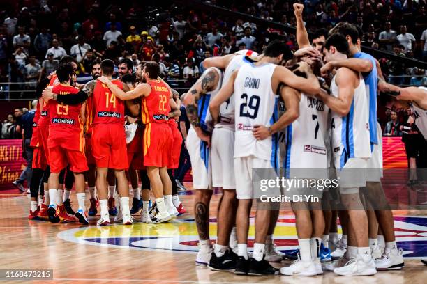 Team Spain celebrate after win the finals between Argentina and Spain of 2019 FIBA World Cup at the Cadillac Arena on September 15, 2019 in Beijing,...