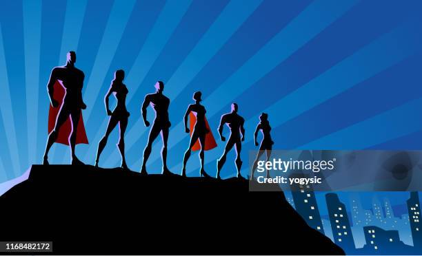 vector superhero team silhouette in the city stock illustration - teamwork stock illustrations