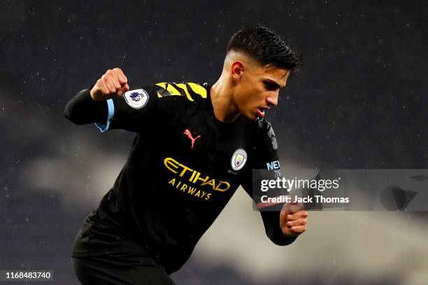 Nabili Zoubdi Touaizi of Manchester City celebrates after scoring his team's first goal during the Premier League 2 match between Tottenham Hotspur...