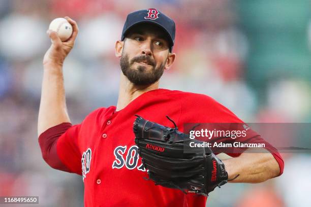 Rick Porcello of the Boston Red Sox pitches in the first inning of a game against the Baltimore Orioles at Fenway Park on August 16, 2019 in Boston,...