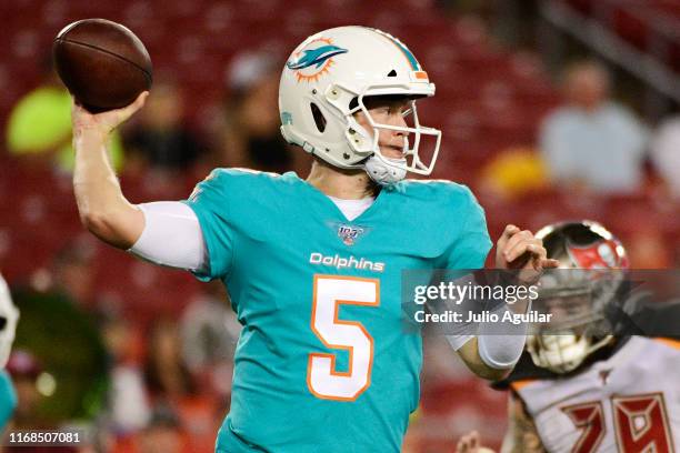 Jake Rudock of the Miami Dolphins drops back to throw a pass during the second half of a preseason football game against the Tampa Bay Buccaneers at...