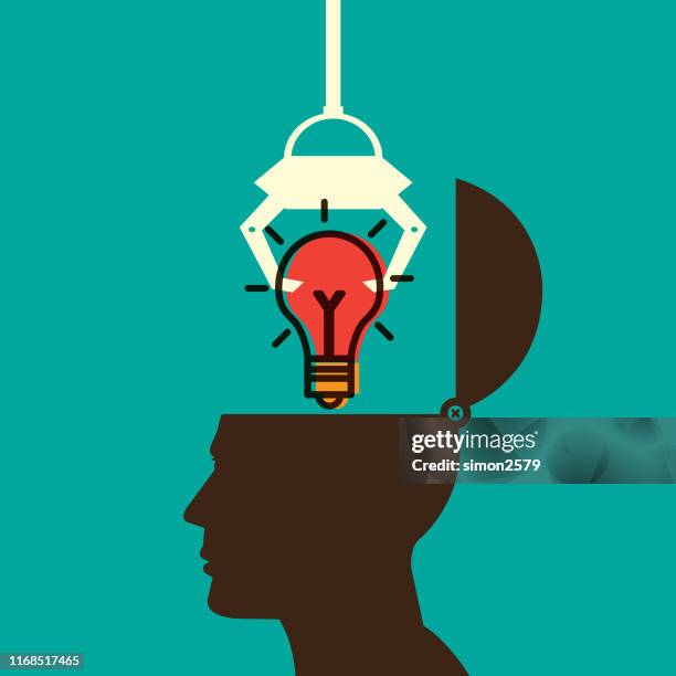 machine claw stealing light bulb idea from a human head - stealing idea stock illustrations