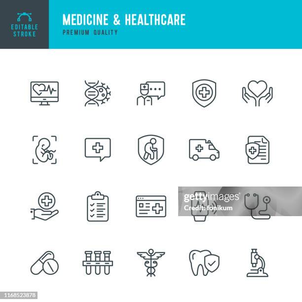 bildbanksillustrationer, clip art samt tecknat material och ikoner med medicin & healthcare-ikonuppsättning för vektor linje. redigerbar stroke. perfekta pixlar. medicin, försäkring, graviditet, ambulans bil, caduceus, - dental caduceus