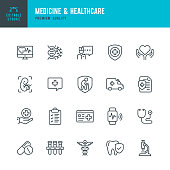 Medicine & Healthcare - vector line icon set. Editable Stroke. Perfect Pixels. Medicine, Insurance, Pregnancy, Ambulance car, Caduceus,