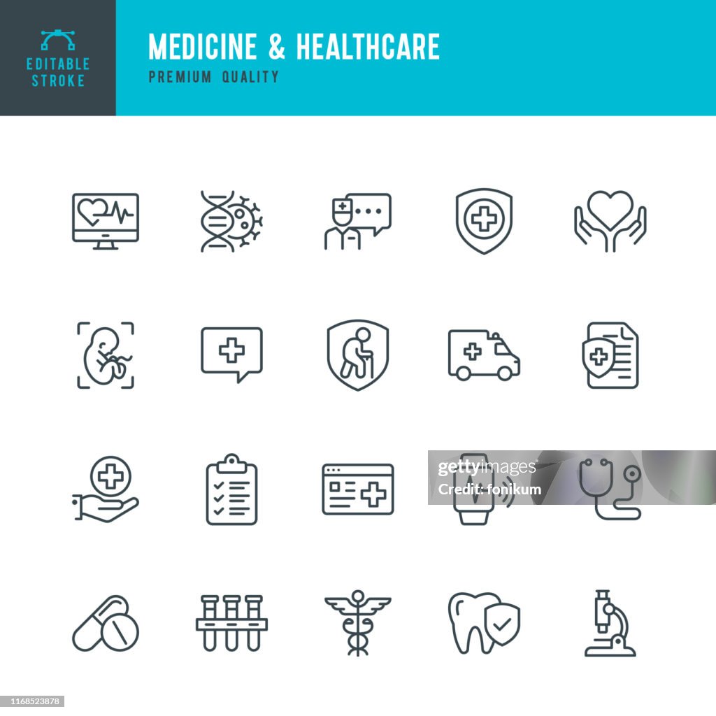 Medicine & Healthcare - vector line icon set. Editable Stroke. Perfect Pixels. Medicine, Insurance, Pregnancy, Ambulance car, Caduceus,