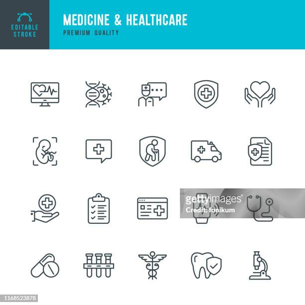 medicine & healthcare - vector line icon set. editable stroke. perfect pixels. medicine, insurance, pregnancy, ambulance car, caduceus, - healthy lifestyle stock illustrations