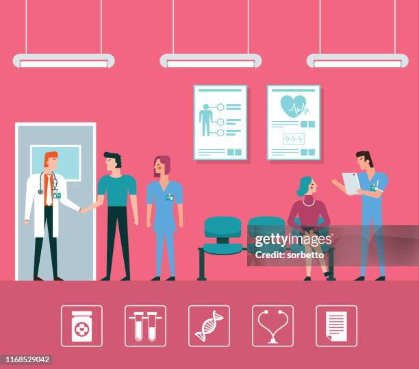 patienten im wartezimmer der ärzte - rettungsdienst mitarbeiter stock-grafiken, -clipart, -cartoons und -symbole