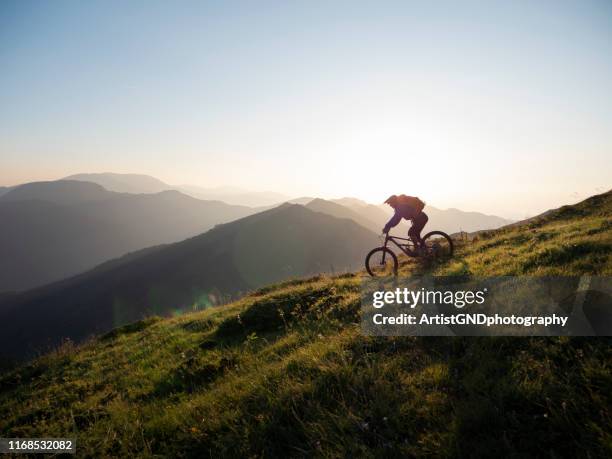 mountainbiker fährt bergab - sports cyclist stock-fotos und bilder