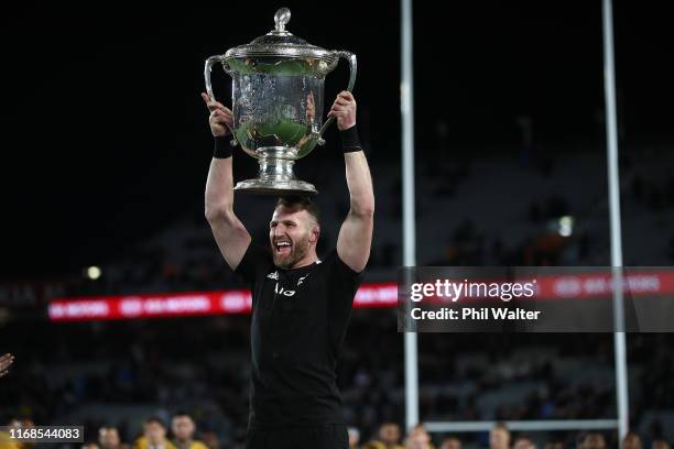 All Black captain Kieran Read lifts the Bledisloe Cup following The Rugby Championship and Bledisloe Cup Test match between the New Zealand All...