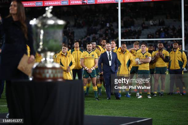 The Wallabies look dejected during the trophy presentation during The Rugby Championship and Bledisloe Cup Test match between the New Zealand All...