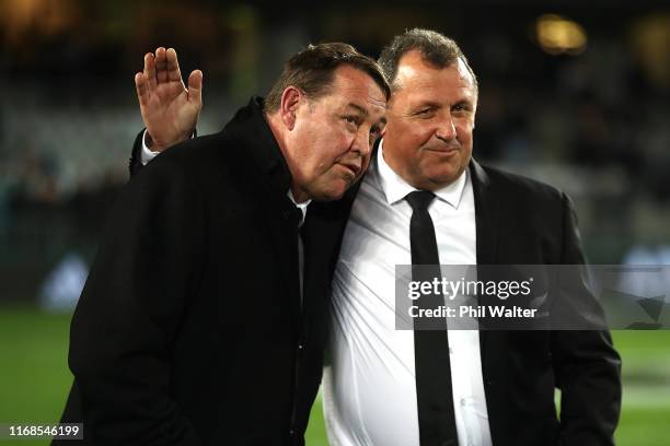 All Blacks coach Steve Hansen and assistant coach Ian Foster celebrate following The Rugby Championship and Bledisloe Cup Test match between the New...