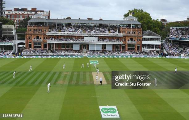General view of the pavillion at Lords as Ben Stokes bowls to Steve Smith during day four of the 2nd Test Match between England and Australia at...