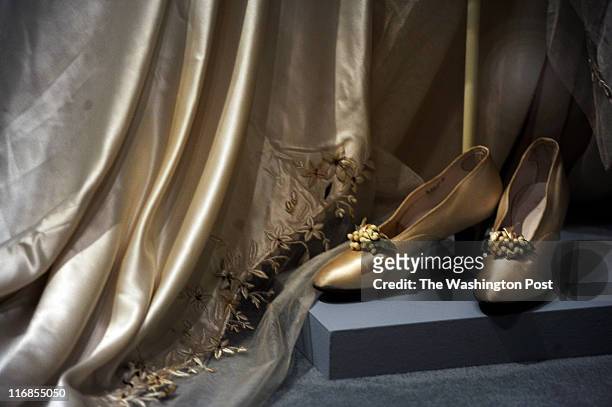 Adelaide Close's satin shoes she wore during her marriage to Thomas Durant. The shoes are part of the new exhibit, 'Wedding Belles' at the Hillwood...