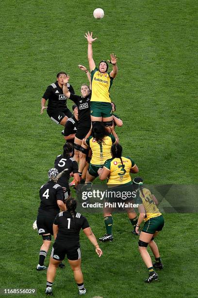 The Black Ferns and the Wallaroos contest the ball during the Women's International Test Match between the New Zealand Black Ferns and the Australian...