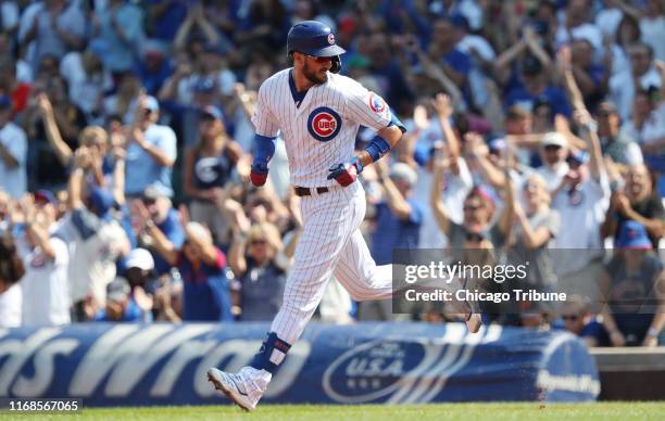 Chicago Cubs third baseman Kris Bryant rounds the bases on a three-run home run against the Pittsburgh Pirates in the first inning on Sunday, Sept....