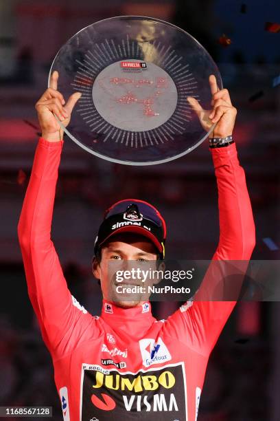 Team Jumbo rider Slovenia's Primoz Roglic in the podium after winning the 2019 La Vuelta cycling Tour of Spain, at the end of the 21st and and last...