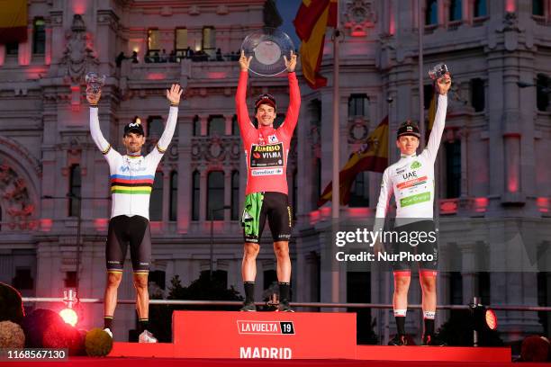 Second-placed Team Movistar rider Spain's Alejandro Valverde, winner Team Jumbo rider Slovenia's Primoz Roglic and third-placed Team UAE Emirates...
