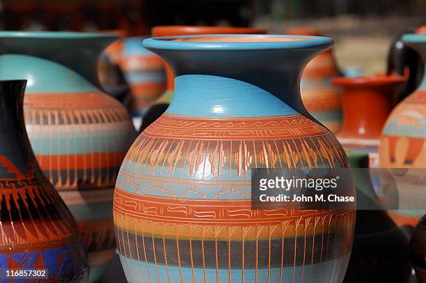 blue and brown patterned navaho pottery - southwest usa stock pictures, royalty-free photos & images