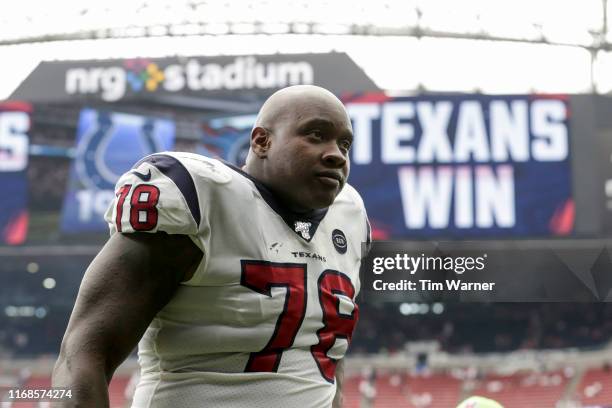 Laremy Tunsil of the Houston Texans walks off the field after the game against the Jacksonville Jaguars at NRG Stadium on September 15, 2019 in...