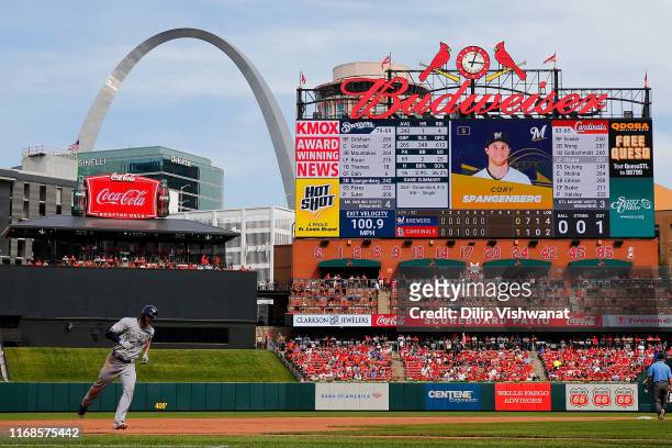 Cory Spangenberg of the Milwaukee Brewers rounds third base after hitting a two-run home run against the St. Louis Cardinals in the seventh inning at...