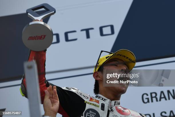 Japanese rider Tatsuki Suzuki of SIC58 Squadra Corse on podium of Octo San Marino and Riviera di Rimini GP, 13th stage of MotoGP World Championship...