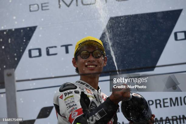 Japanese rider Tatsuki Suzuki of SIC58 Squadra Corse on podium of Octo San Marino and Riviera di Rimini GP, 13th stage of MotoGP World Championship...