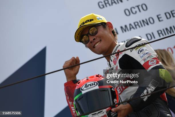 Japanese rider Tatsuki Suzuki of SIC58 Squadra Corse on podium of Octo San Marino and Riviera di Rimini GP, 13th stage of MotoGP World Championship...