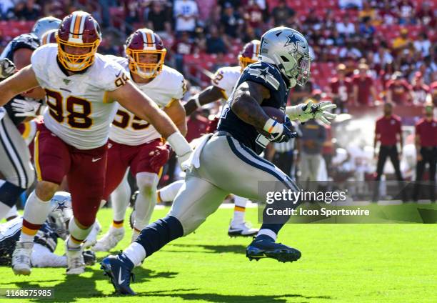 Dallas Cowboys running back Ezekiel Elliott runs for a long gain against the Washington Redskins on September 15 at FedEx Field in Landover, MD.