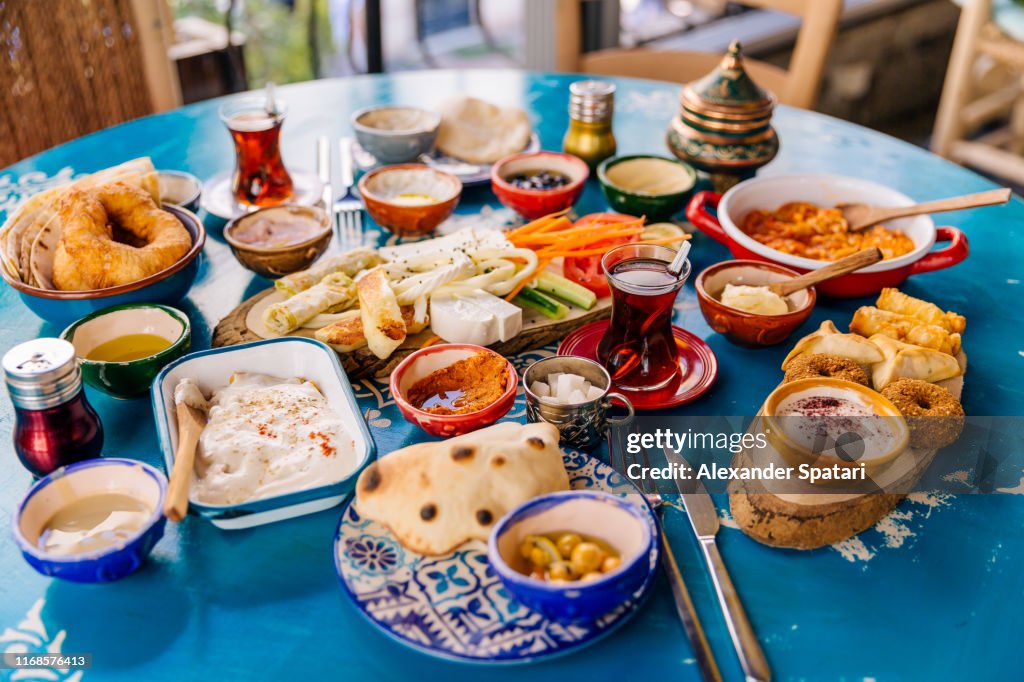 Variety of dishes served during traditional Turkish breakfast, Istanbul, Turkey