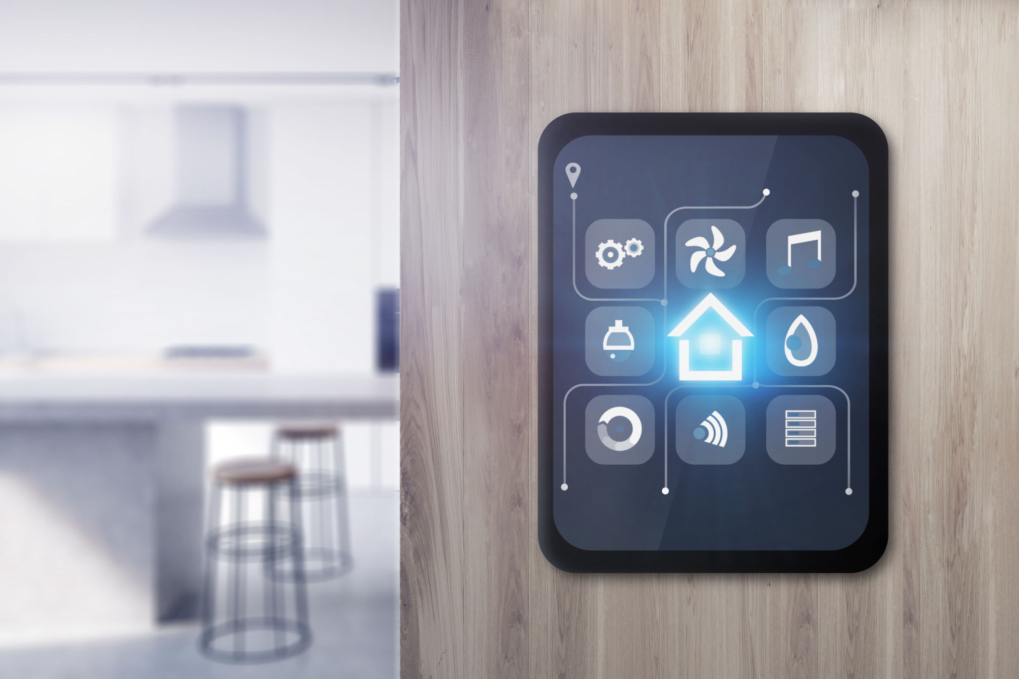 Smart home icons on tablet in kitchen Smart home icons on tablet in kitchen