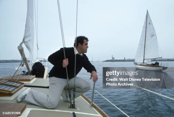 Actor John Schuck on his personal yacht, slice of life / behind the scenes for the ABC tv series 'Holmes & Yoyo'.