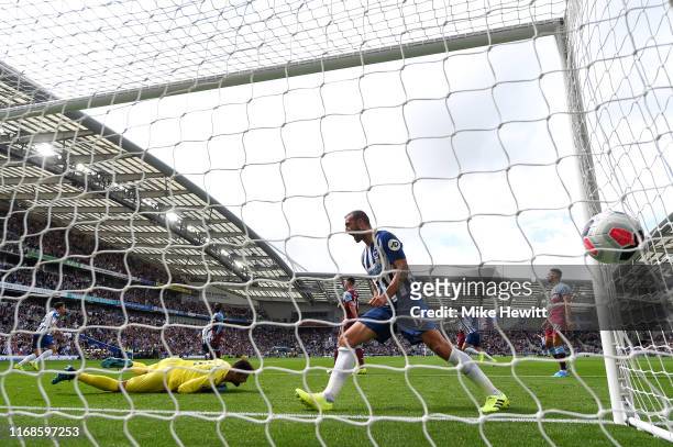 Glenn Murray of Brighton and Hove Albion celebrates after a goal by Leondro Trossard of Brighton and Hove Albion which is later disallowed following...