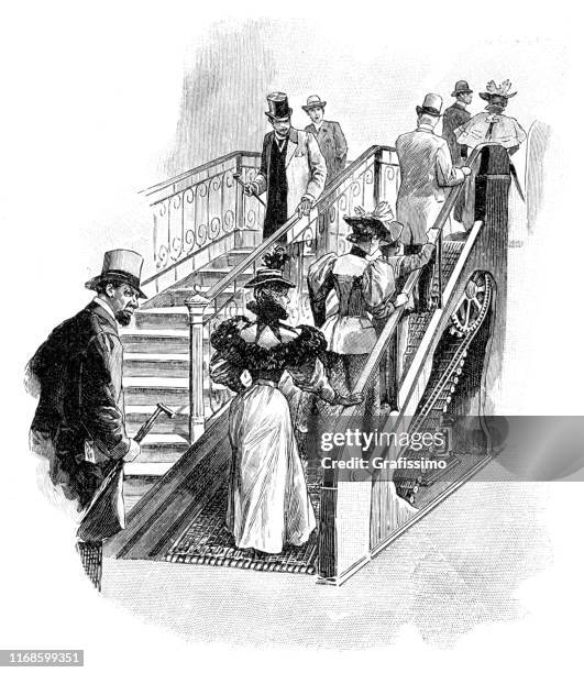 ilustraciones, imágenes clip art, dibujos animados e iconos de stock de primera escalera mecánica en coney island new york city 1896 - escalator