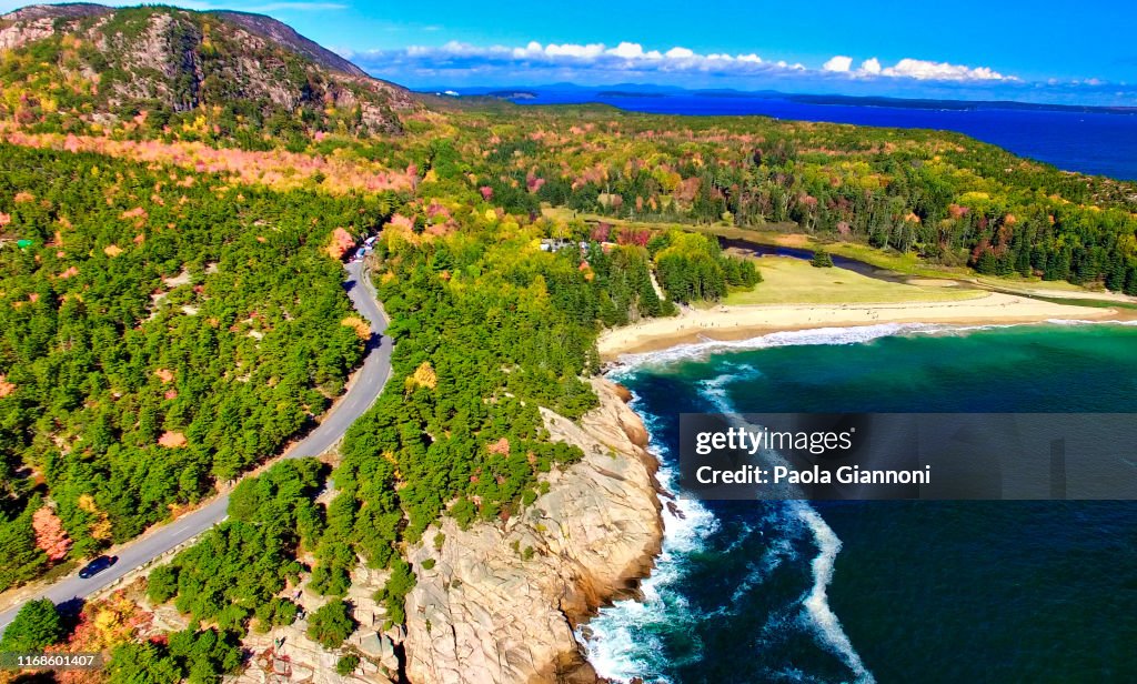 Aerial view of Acadia National Park in foliage season, Maine