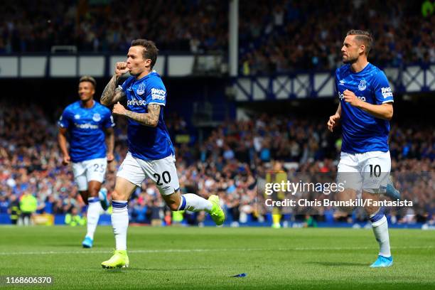 Bernard of Everton celebrates scoring the opening goal during the Premier League match between Everton FC and Watford FC at Goodison Park on August...